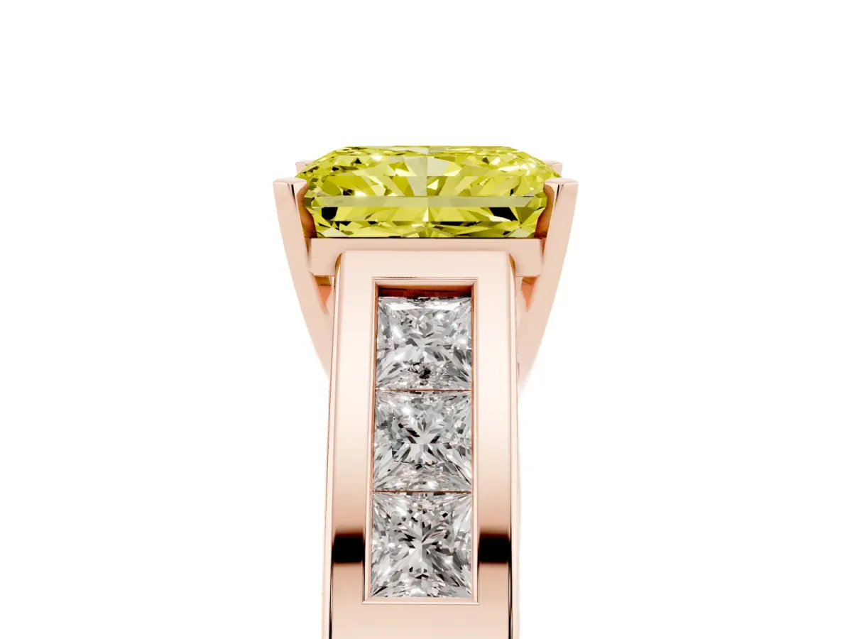 Fancy Yellow Radiant Cut Cut Channel Set Solitaire Ring with Four-Prong Setting Rose gold