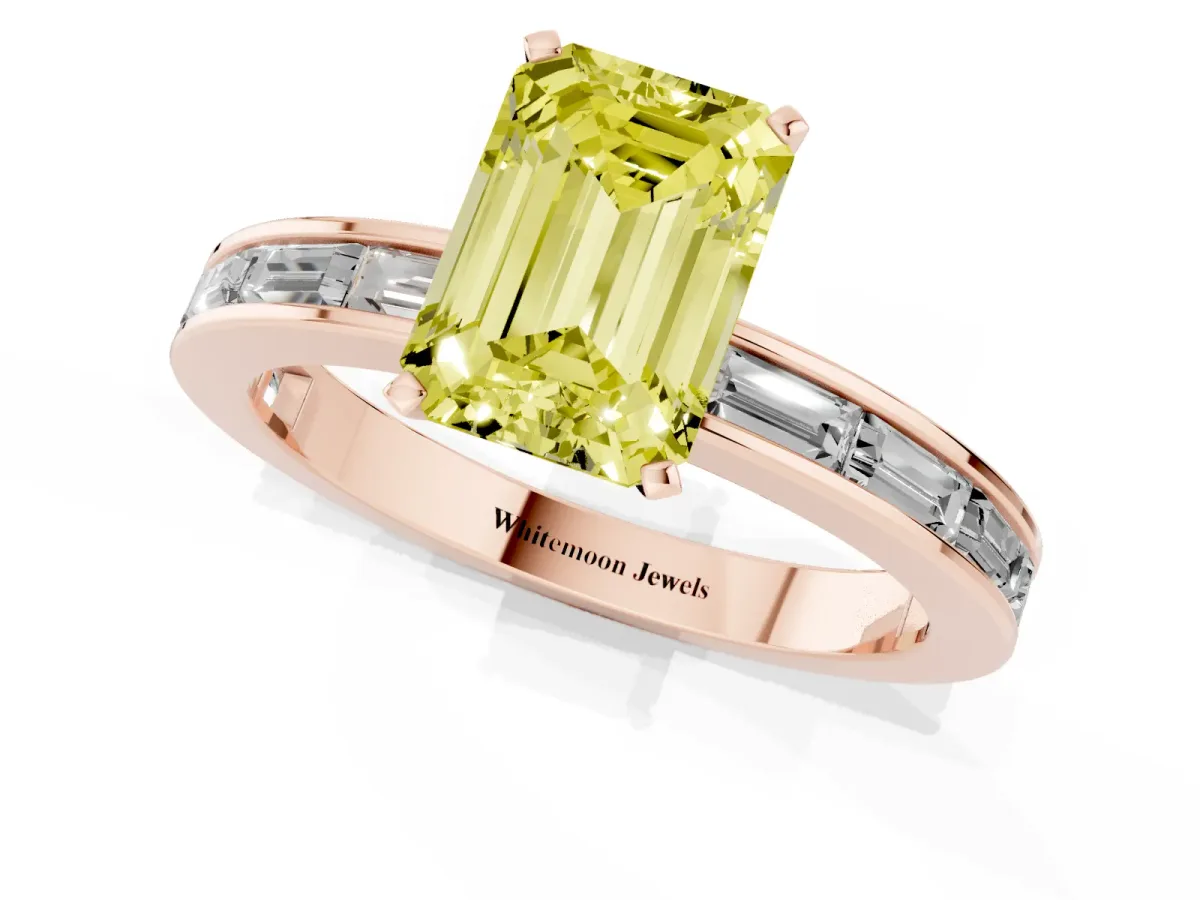 Fancy Yellow Emerald Cut Solitaire Diamond Ring with Channel-Set Baguette Band and Four-Prong Setting Rose gold