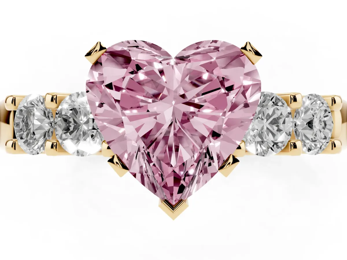 Fancy Pink Heart Cut Brilliant Cut Diamond Five-Stone Prong Set Engagement Ring with Channel Band Yellow gold