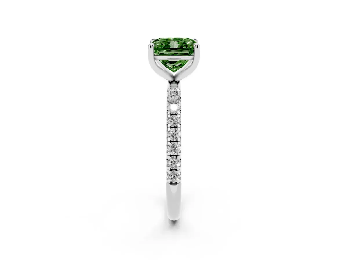 Fancy Green Princess Cut Cut Diamond Solitaire Ring with Micro Pave Band and Four Prong Setting Silver