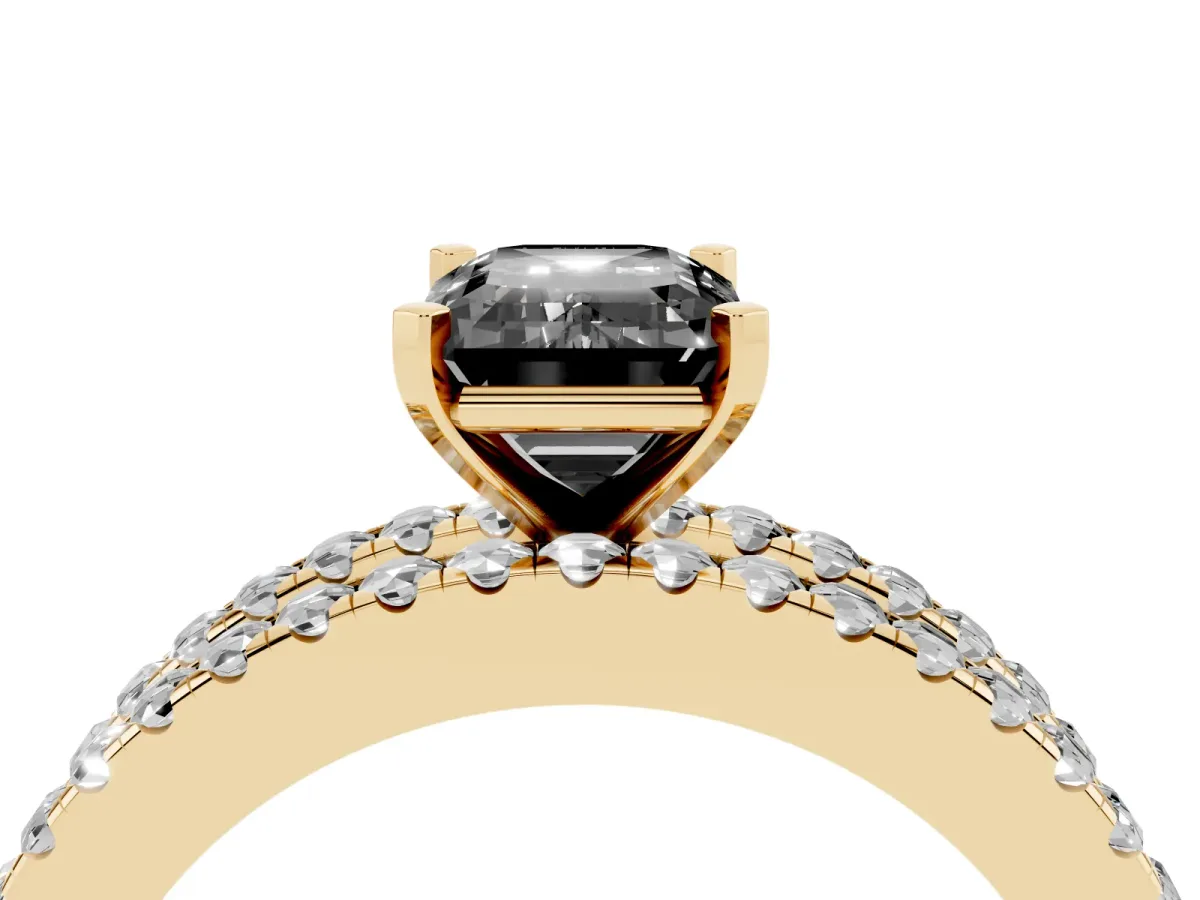 Fancy Black Emerald Cut Diamond Solitaire Ring with Pavé and Channel Set Band Yellow gold