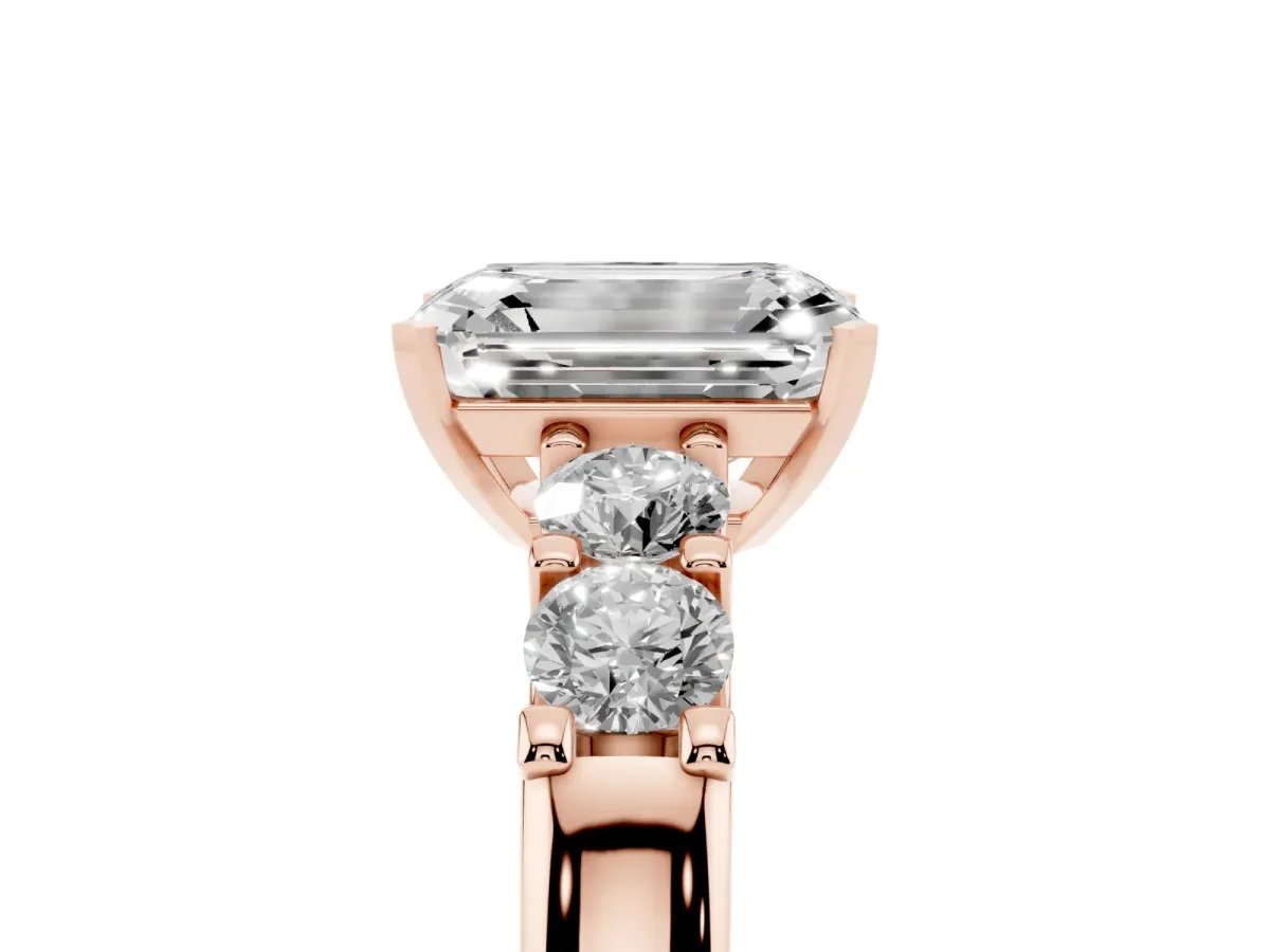 Emerald Cut Brilliant Cut Diamond Five-Stone Prong Set Engagement Ring with Channel Band Rose gold