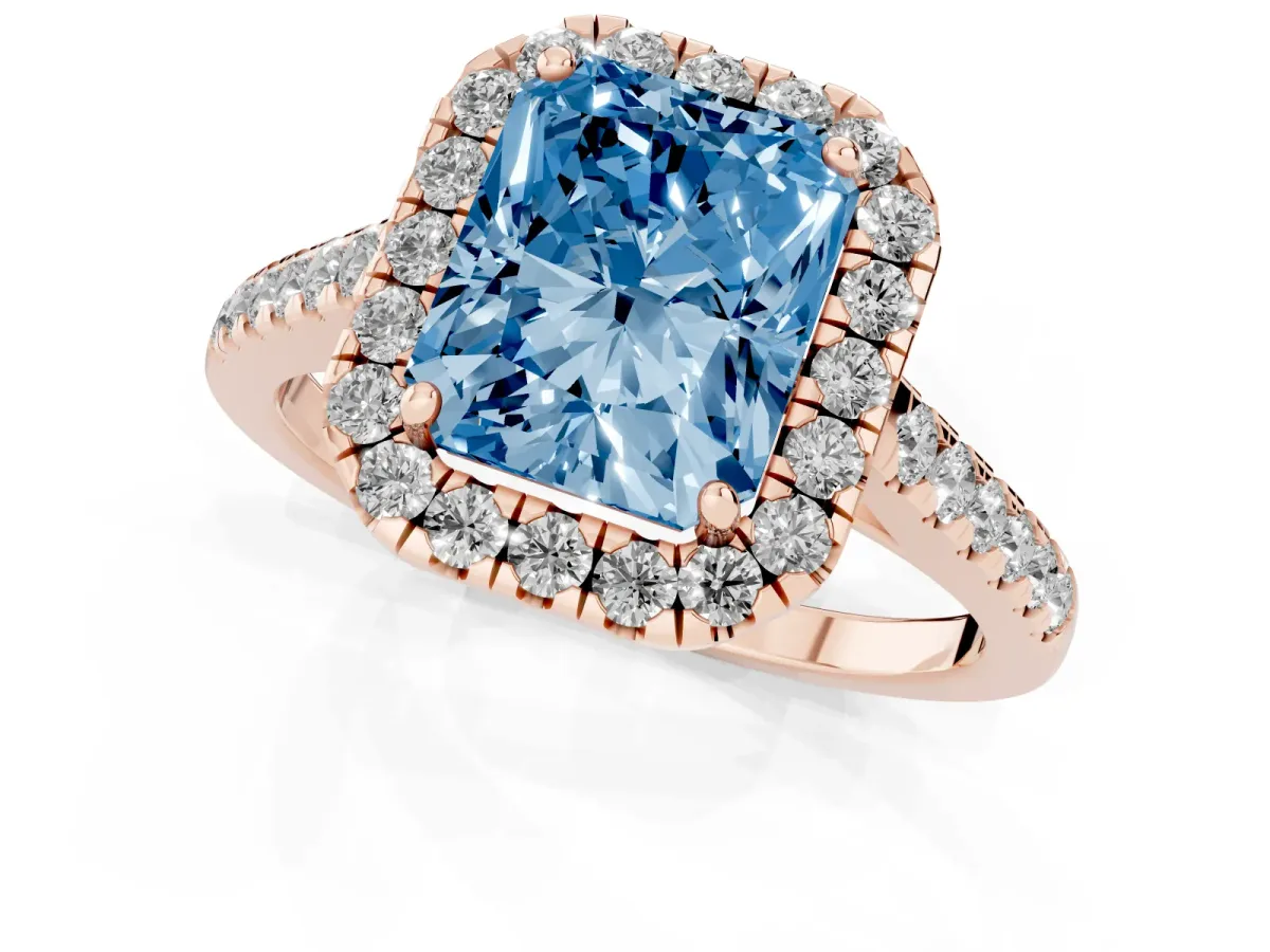 Fancy Blue Radiant Cut Halo Pave Diamond Engagement Ring with Four-Prong Setting Rose gold