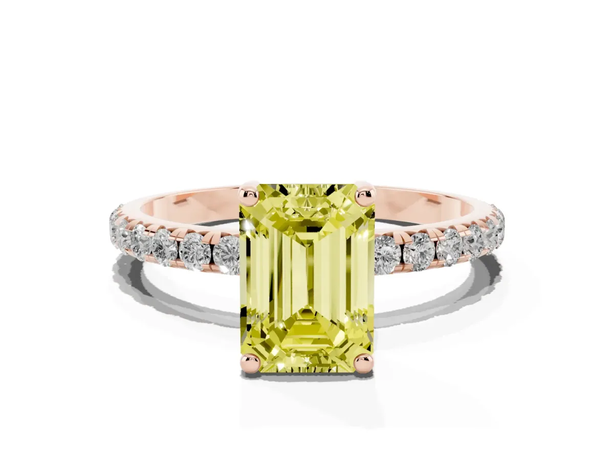 Fancy Yellow Emerald Cut Cut Diamond Solitaire Ring with Micro Pave Band and Four Prong Setting Rose gold