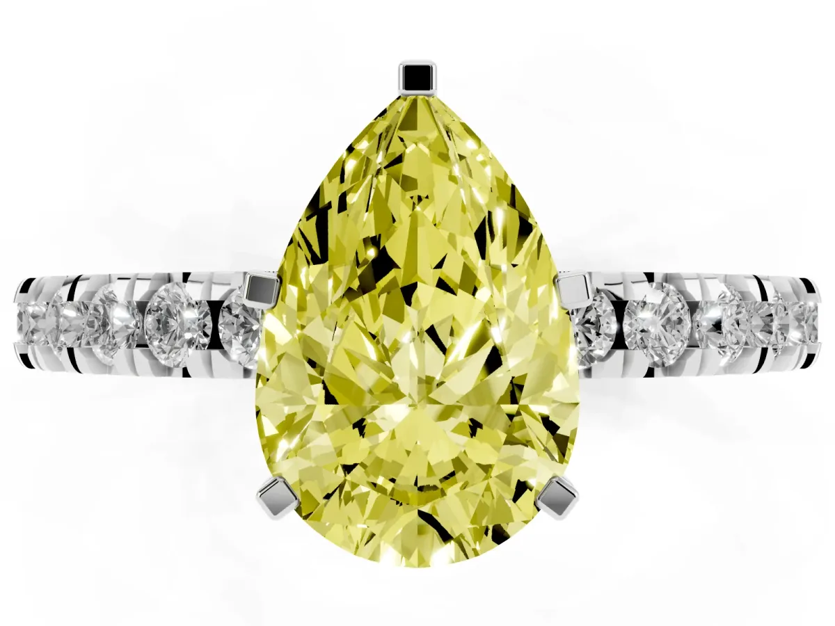 Fancy Yellow Pear Cut Diamond Pavé Band Solitaire with Four-Prong Setting Platinum