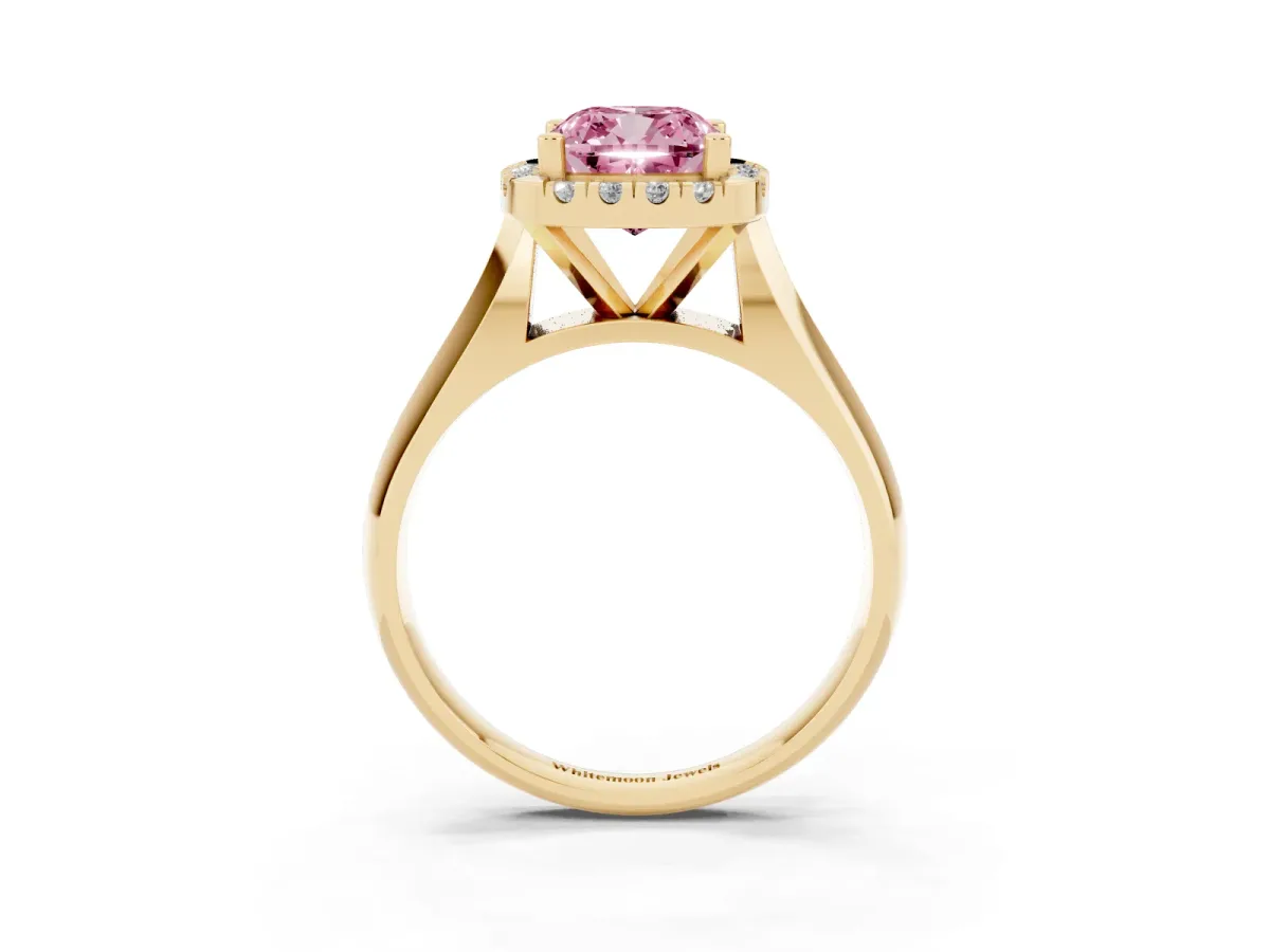 Fancy Pink Cushion Cut Cut Halo Solitaire Engagement Ring with Square Band and Four-Prong Setting Yellow gold