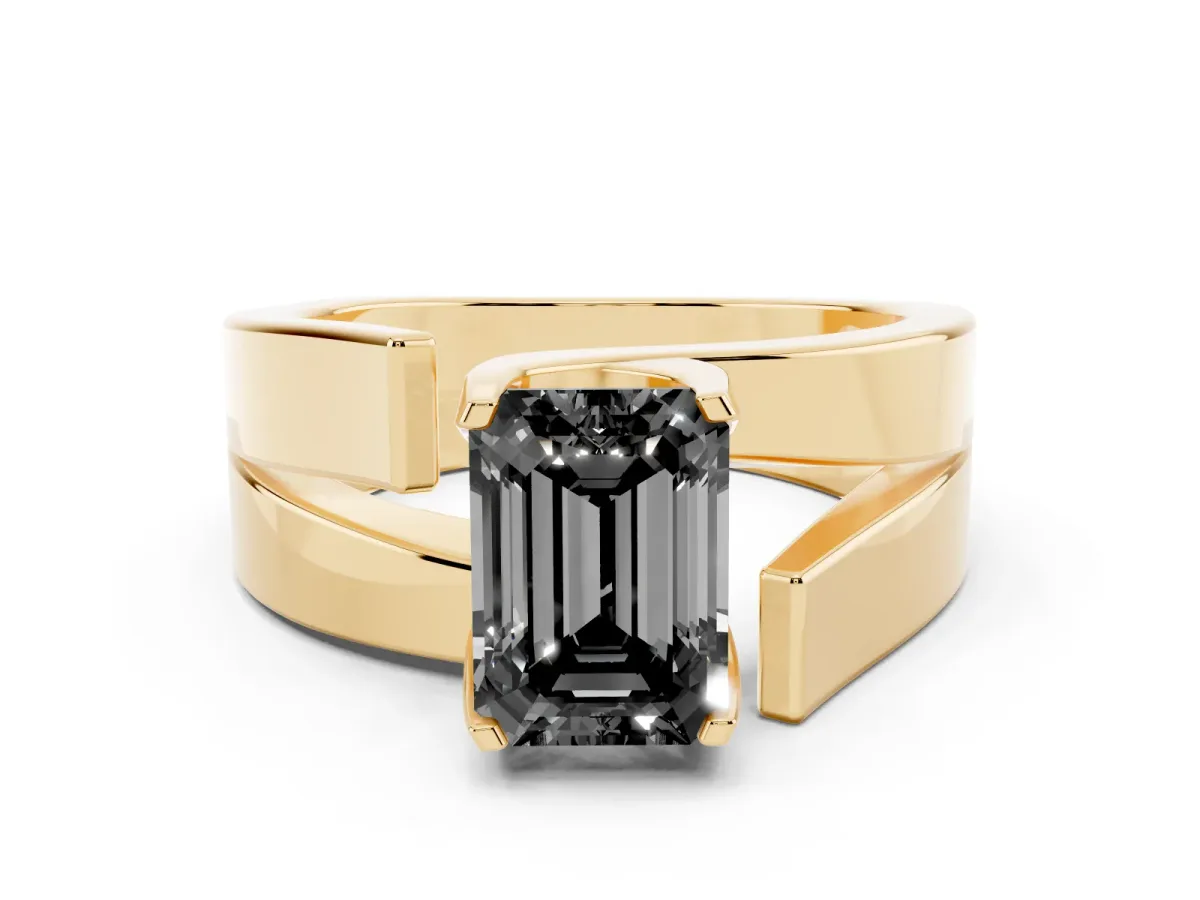 Fancy Black Modern Tension Set Emerald Cut Diamond Solitaire Wide Band Ring Yellow gold