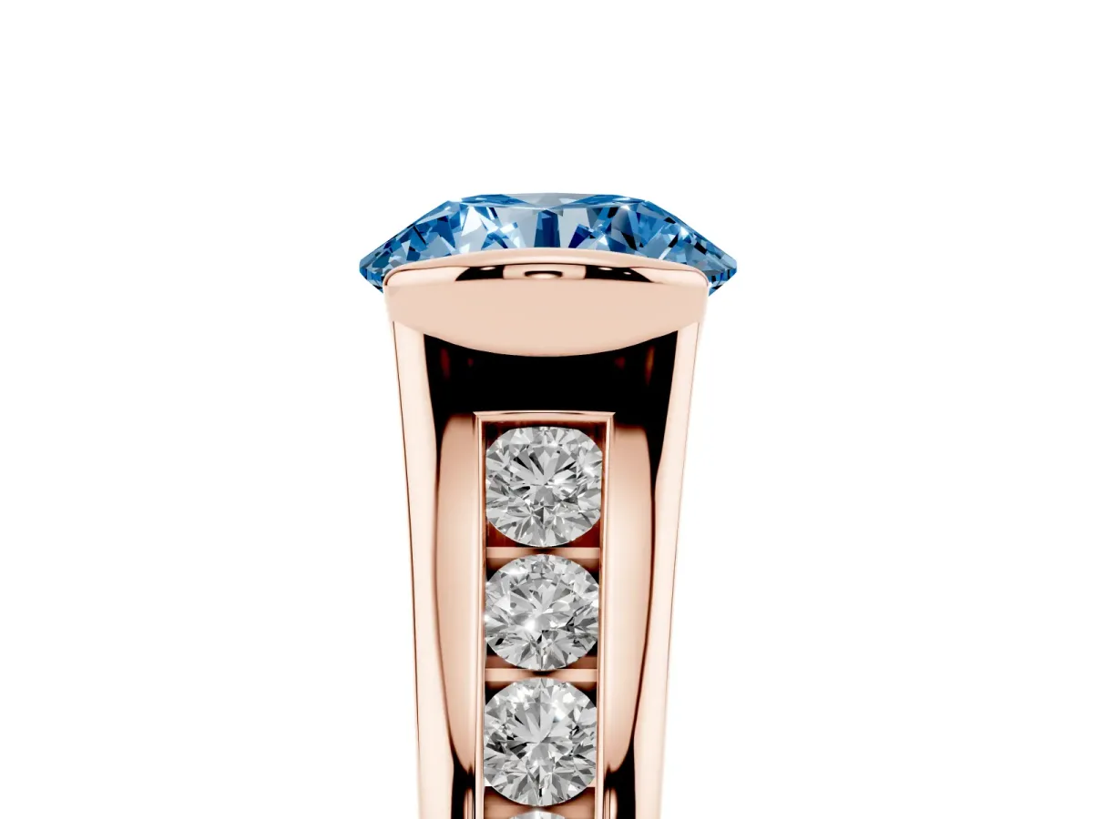 Fancy Blue Round Cut Solitaire Bezel-Set Diamond Ring with Channel-Set Band Rose gold