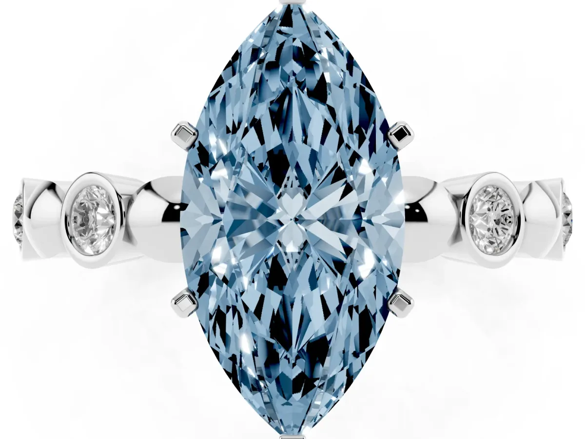 Fancy Blue Marquise Cut Solitaire Bezel-Set Diamond Ring with Beaded Band and Four-Prong Setting Silver