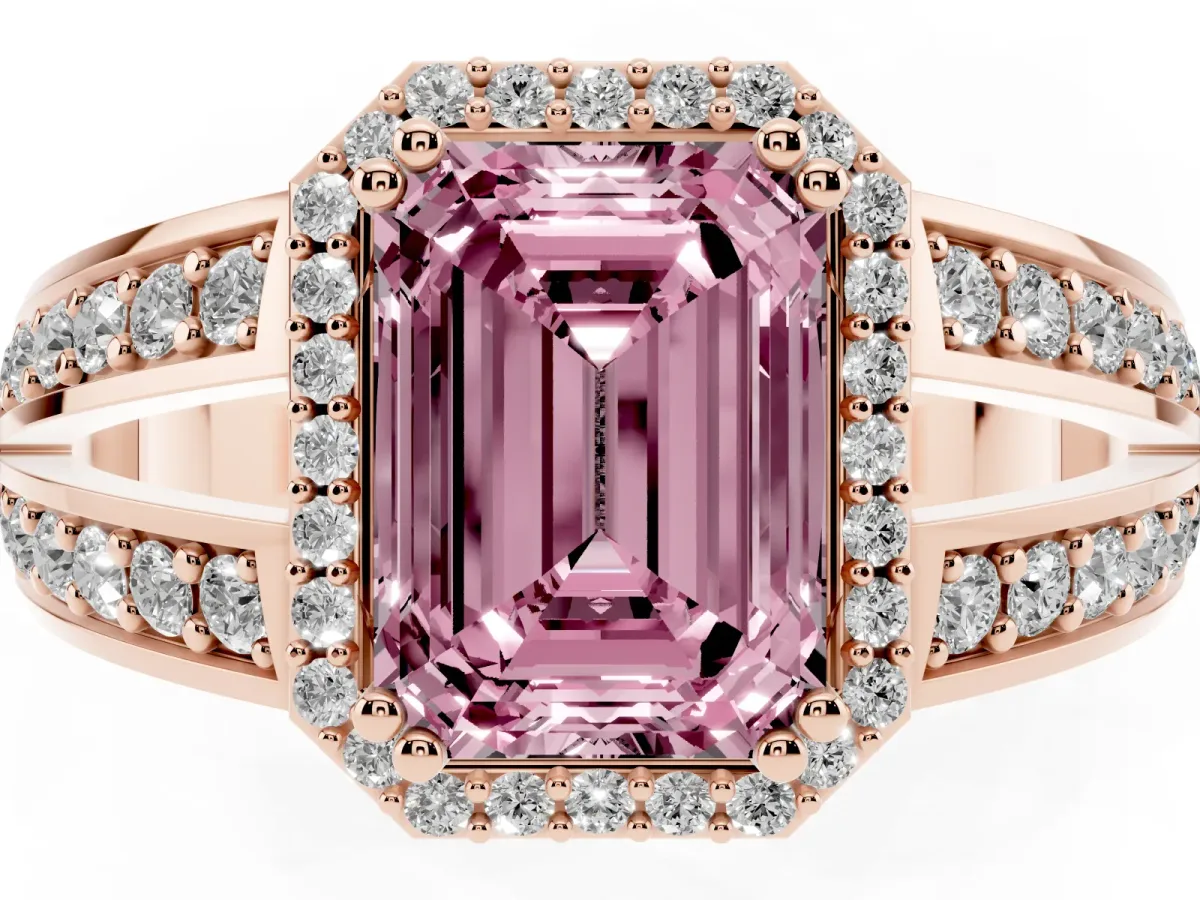 Fancy Pink Emerald Cut Diamond Halo Ring with Split Shank Pavé Band and Four-Prong Setting Rose gold