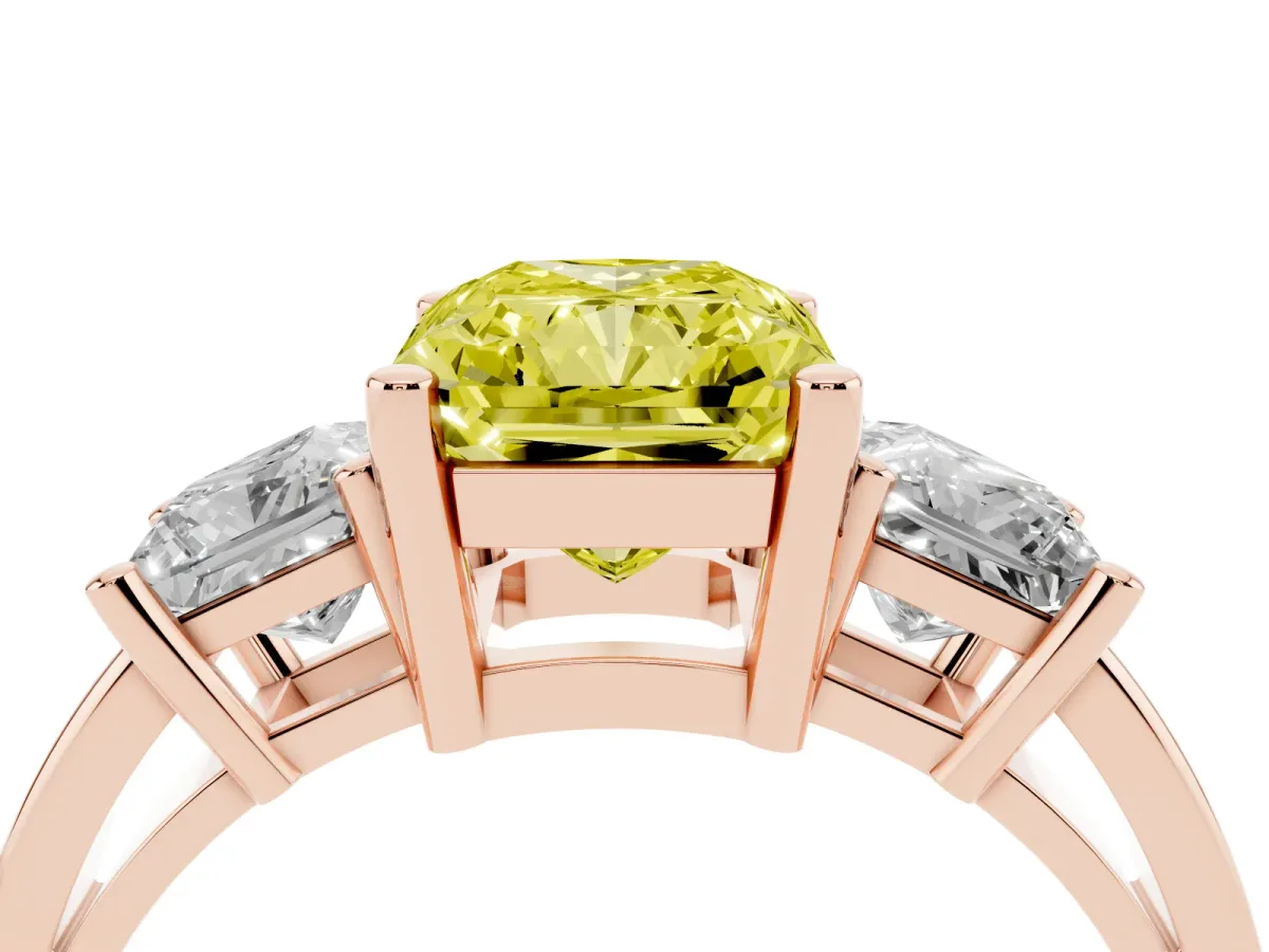 Fancy Yellow Three-Stone Radiant Cut Cut Solitaire Ring with Prong Setting Rose gold