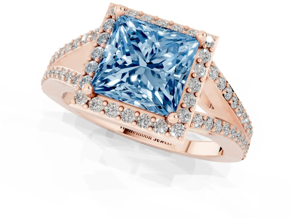 Fancy Blue Princess Cut Halo Split Shank Pave Diamond Ring with Four-Prong Setting Rose gold