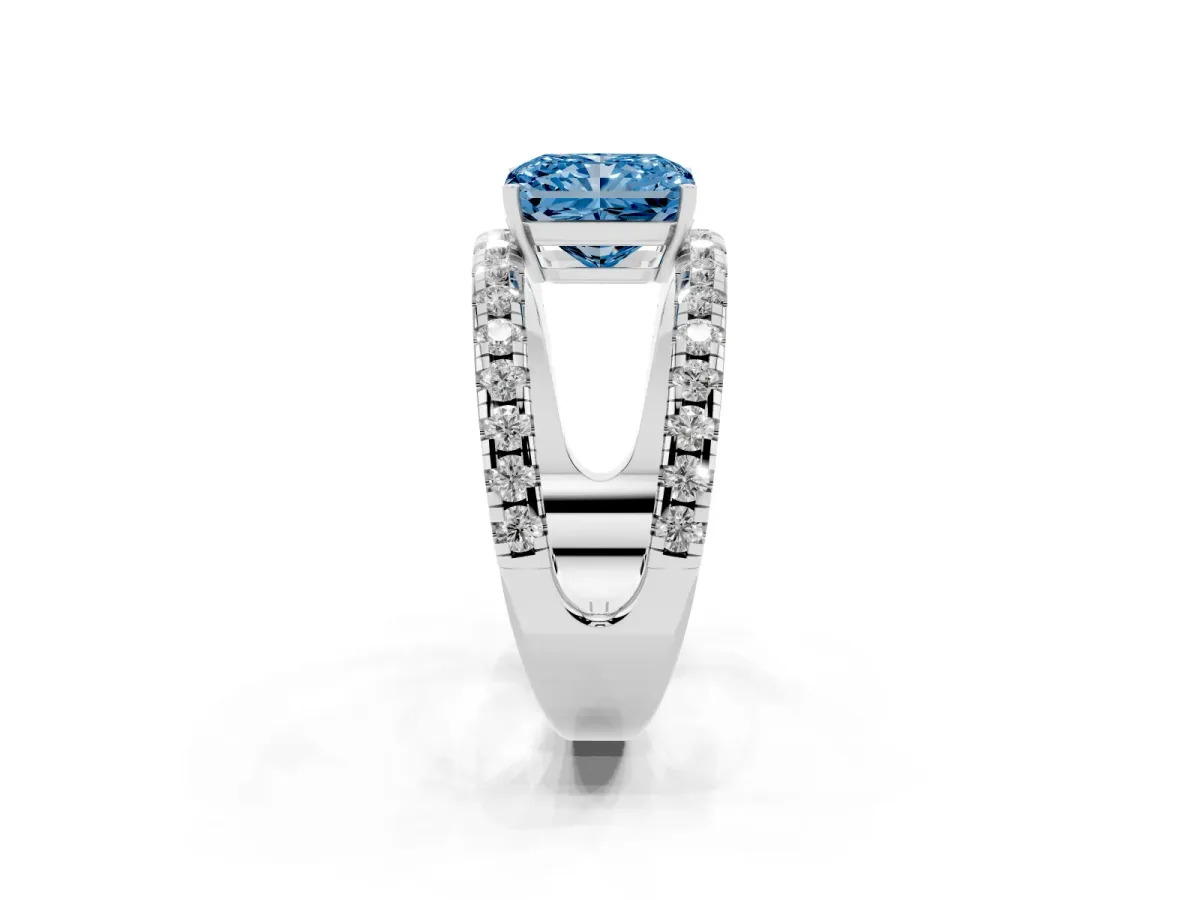 Fancy Blue Radiant Cut Solitaire Split Shank Pave Diamond Ring Platinum
