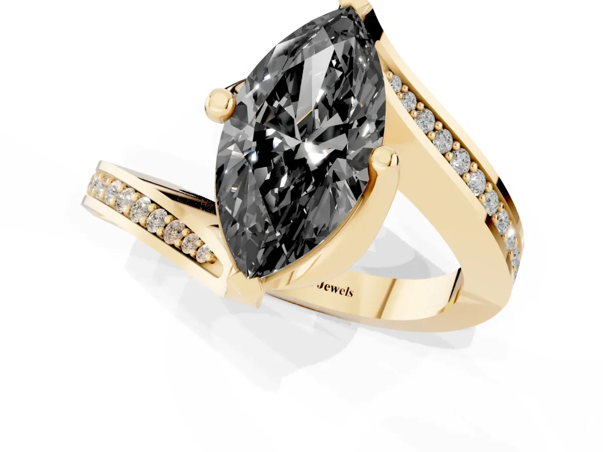 Fancy Black Marquise Cut Solitaire Diamond Twist Band with Pavé Setting and Four-Prong Setting Yellow gold