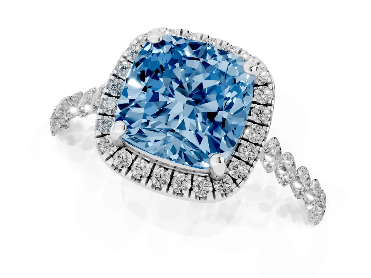 Fancy Blue Cushion Cut Halo Pavé Diamond Engagement Ring with Four-Prong Setting White gold