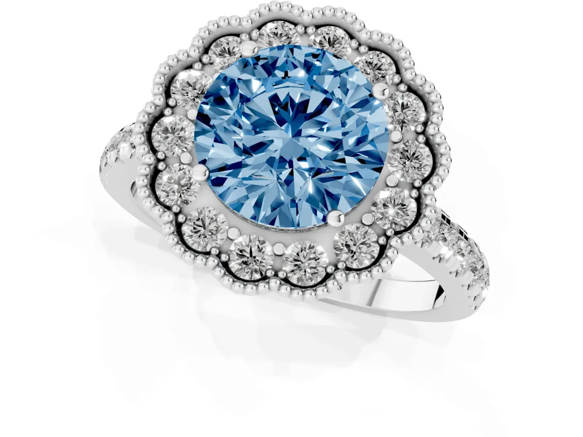 Fancy Blue Round Cut Cut Diamond Milgrain Floral Halo Engagement Ring with Pavé Band Silver