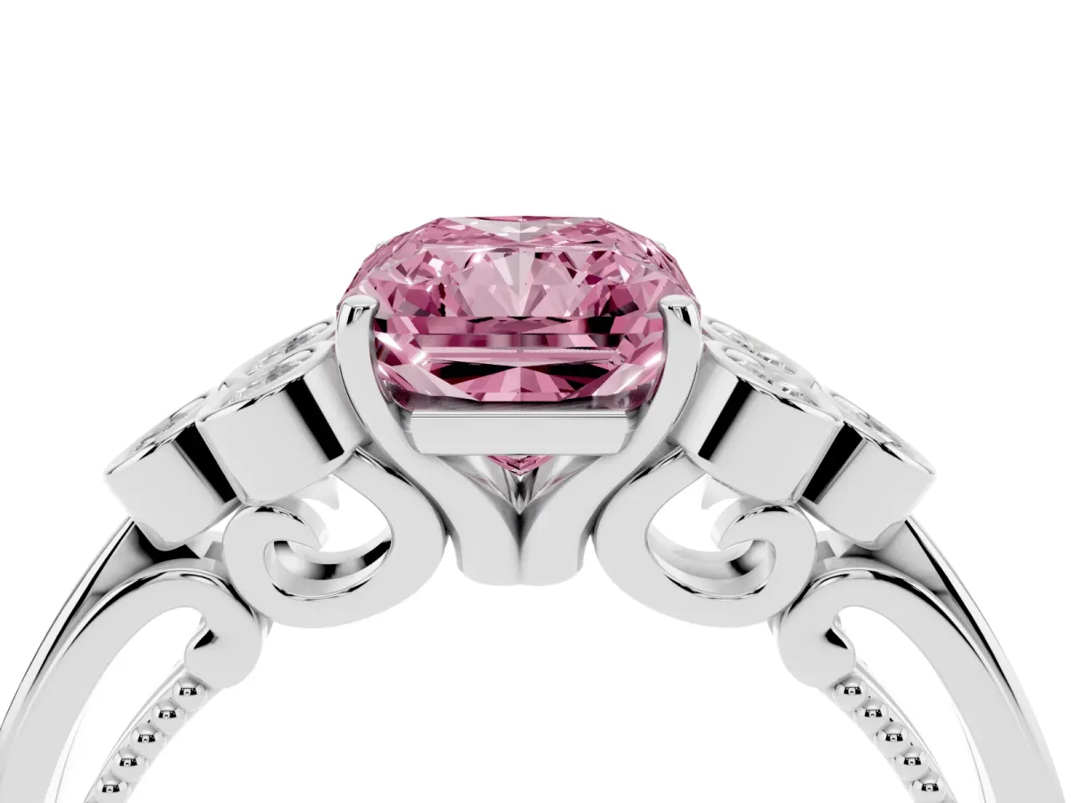 Fancy Pink Radiant Cut Cut Diamond Engagement Ring with Bezel Set Round Side Stones and Prong Setting Silver