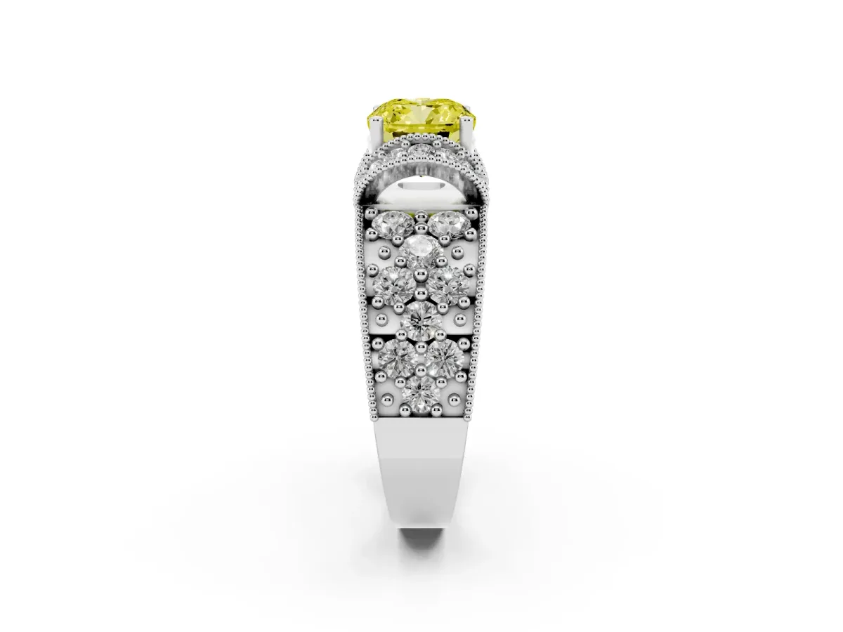 Fancy Yellow Cushion Cut Halo Pave Diamond Engagement Ring with Milgrain Detailing Platinum
