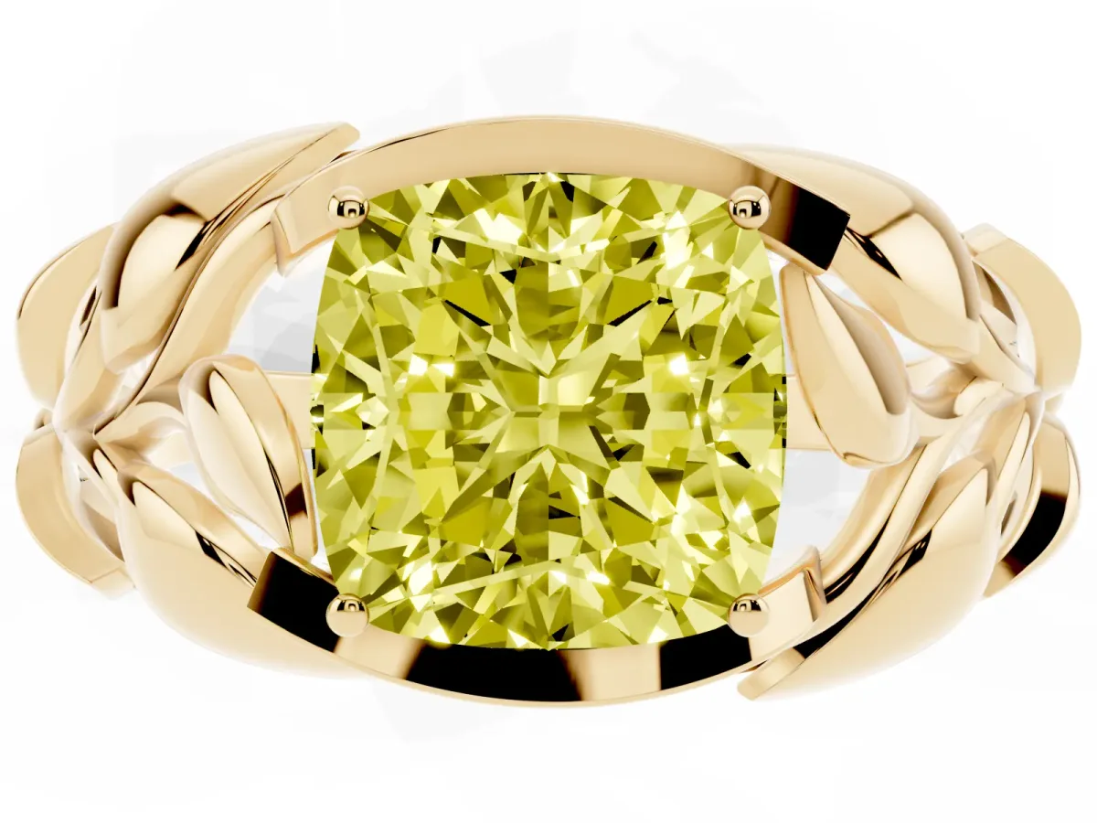 Fancy Yellow Cushion Cut Diamond Leaf-Inspired Engagement Ring with Round Accents and Prong Setting Yellow gold
