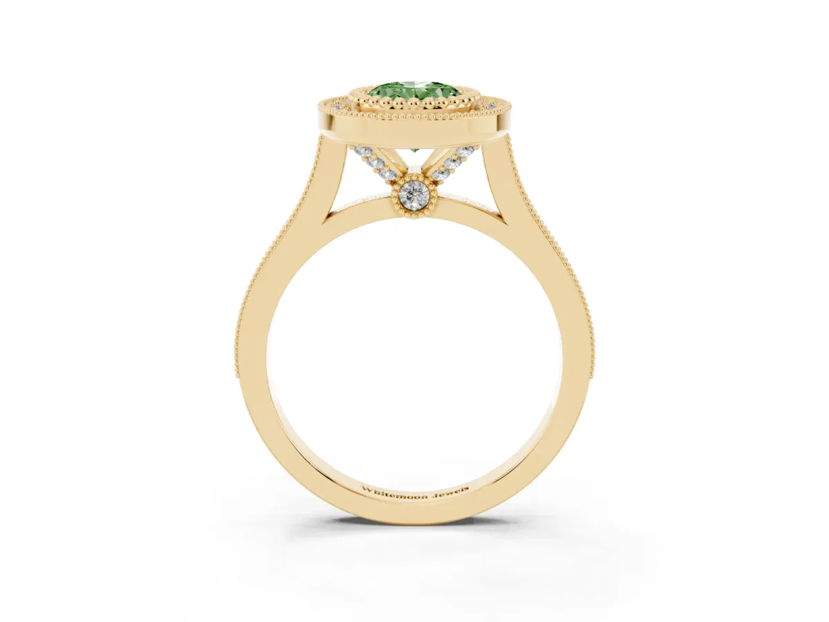 Fancy Green Oval Cut Diamond Halo Ring with Milgrain Frame and Pavé Band Yellow gold