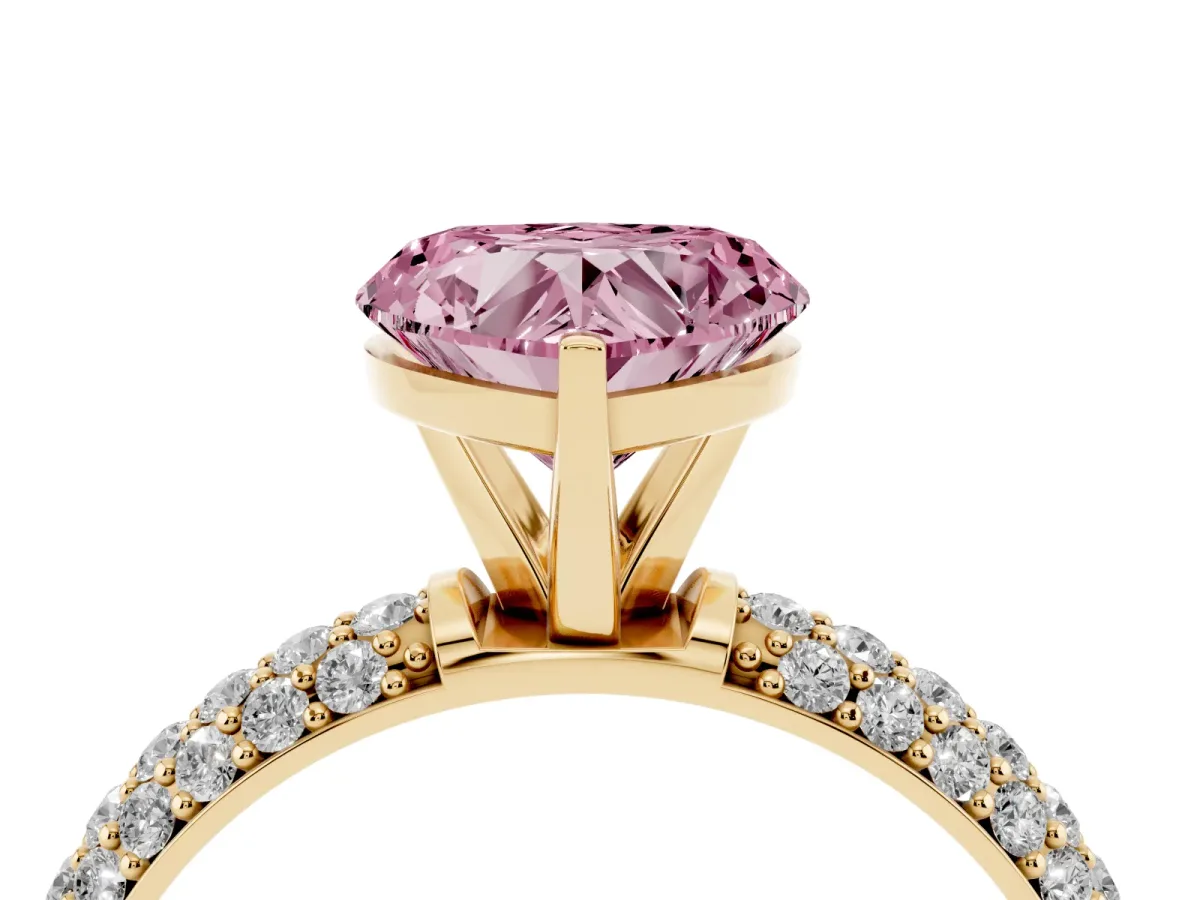 Fancy Pink Heart Cut Diamond Solitaire Ring with Prong Setting and Pavé Band Yellow gold