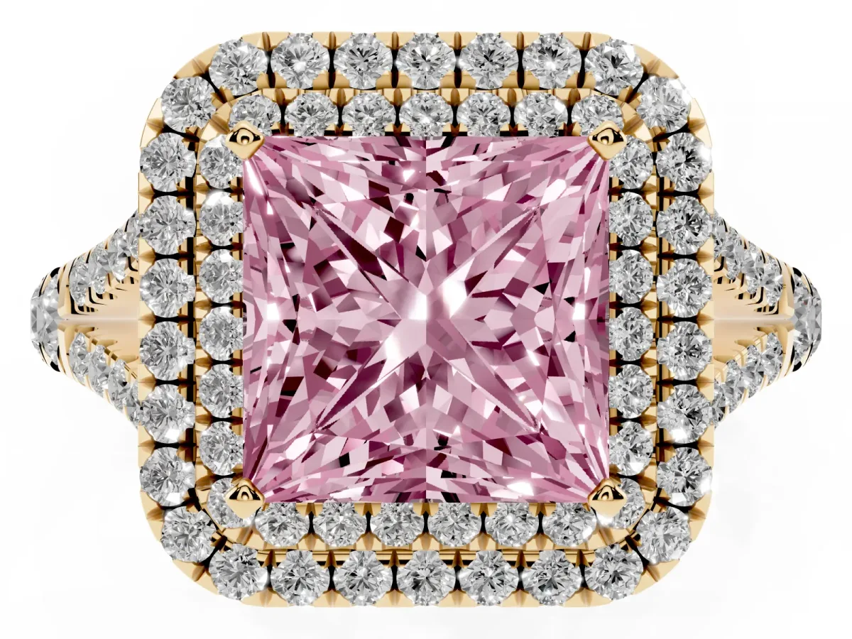 Fancy Pink Princess Cut Cut Double Halo Split Shank Diamond Ring with Prong Setting Yellow gold