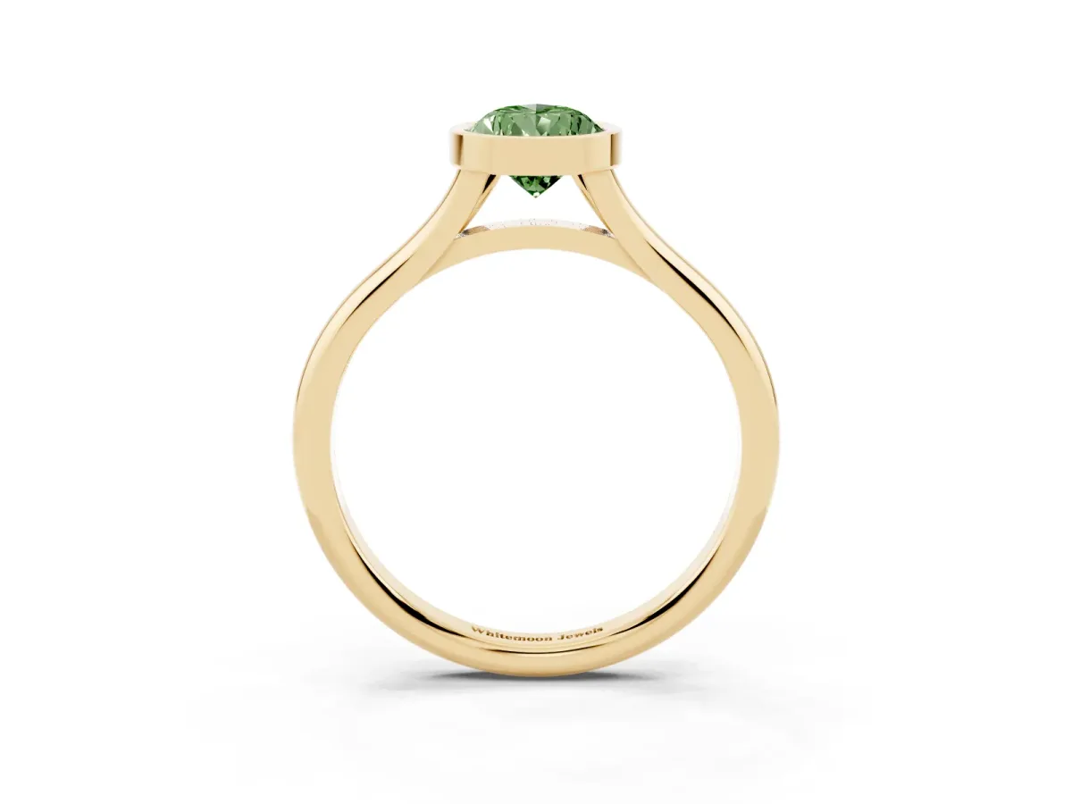 Fancy Green Bezel Set Pear Cut Cut Solitaire Ring with Tapered Band Yellow gold