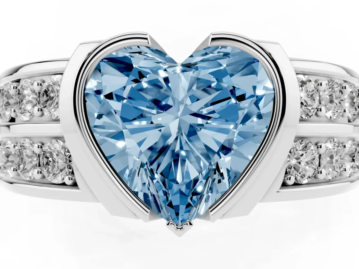 Fancy Blue Heart Cut Brilliant Diamond Channel Set Wide Band Ring with Bezel Setting Silver