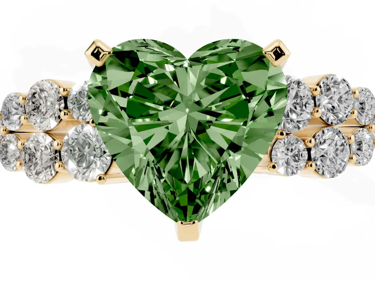 Fancy Green Heart Cut Cluster Diamond Engagement Ring with Pavé Band and Four-Prong Setting Yellow gold