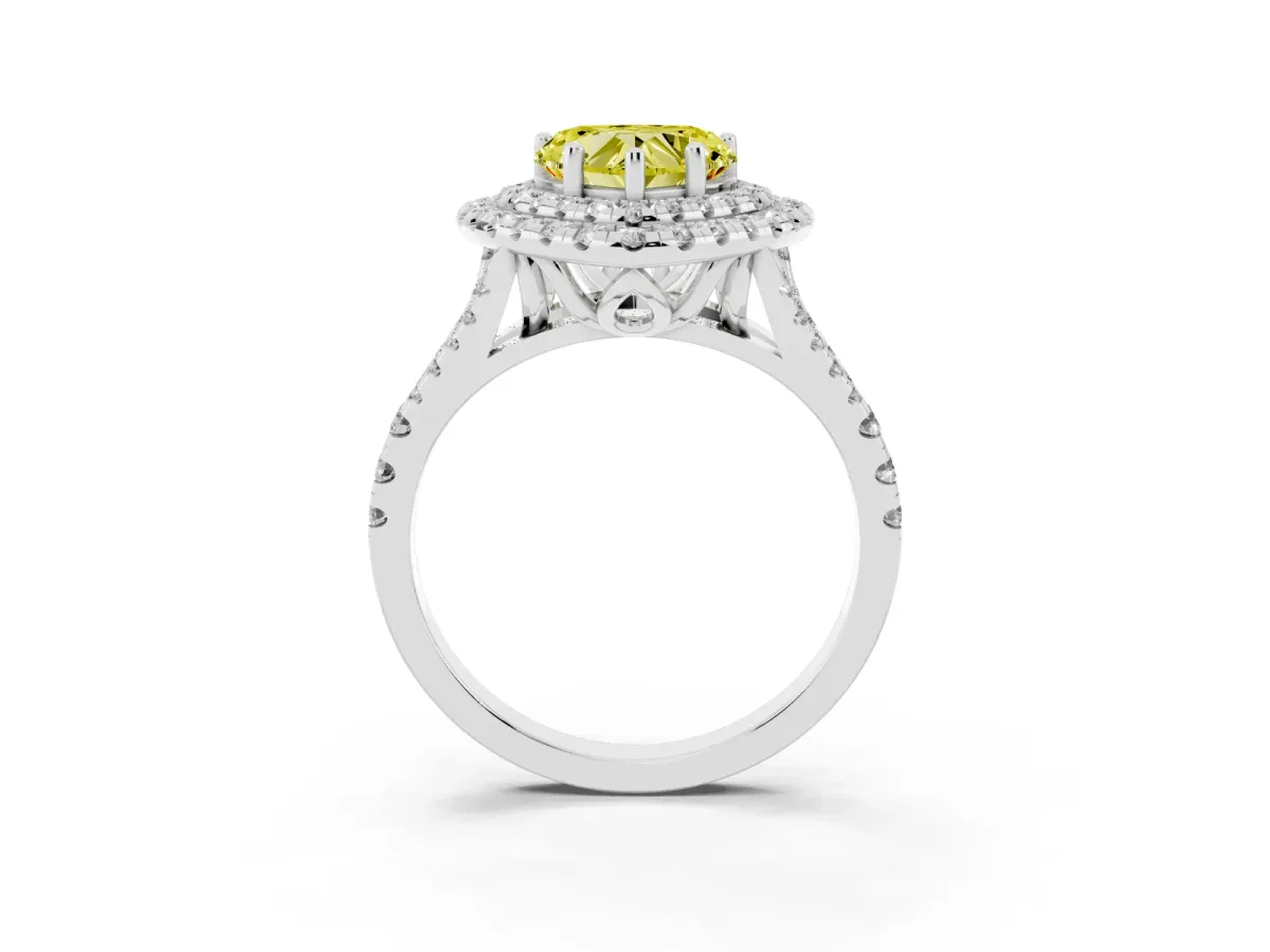 Fancy Yellow Double Halo Heart Cut Diamond Pavé Split Shank Ring with Prong Setting Silver
