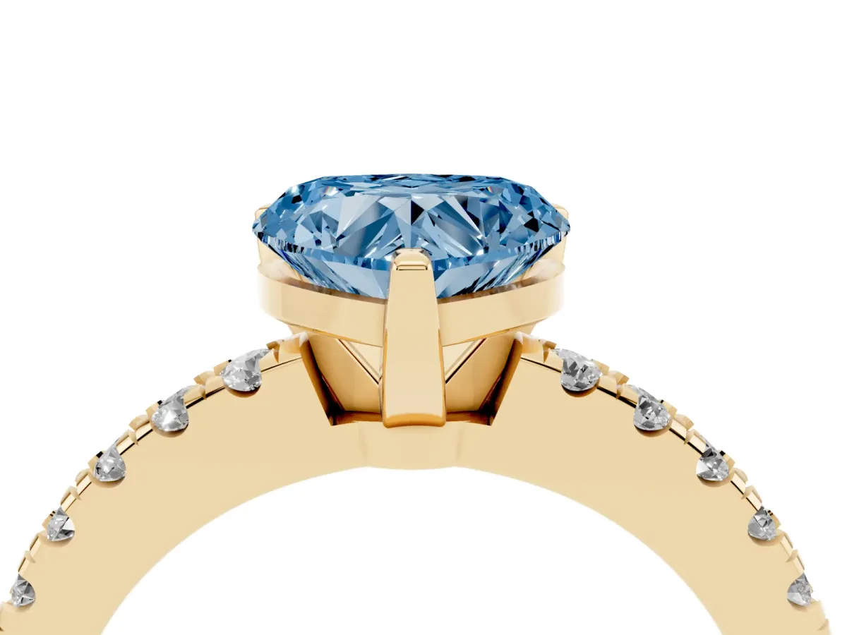 Fancy Blue Heart Cut Solitaire Diamond with Pavé Band and Four-Prong Setting Yellow gold