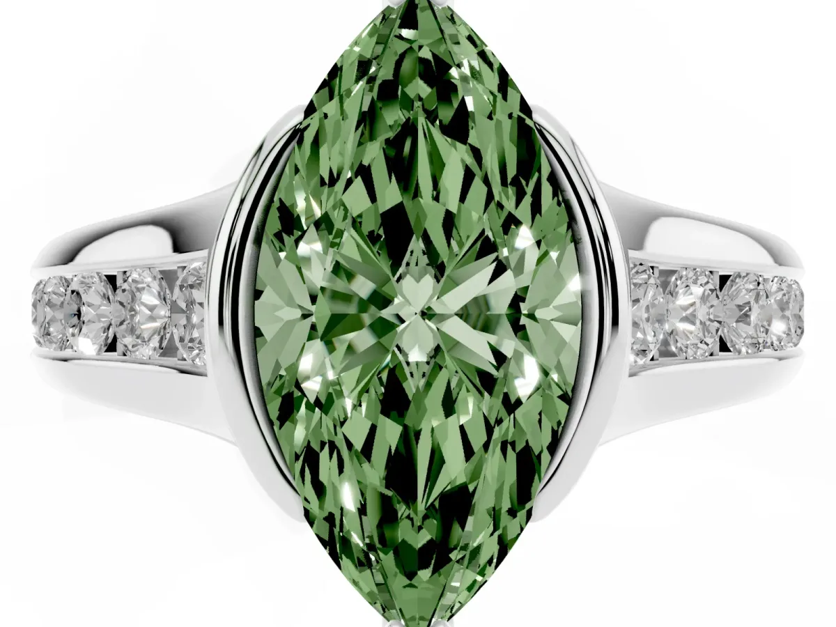Fancy Green Marquise Cut Solitaire Bezel-Set Diamond Ring with Channel-Set Band Silver