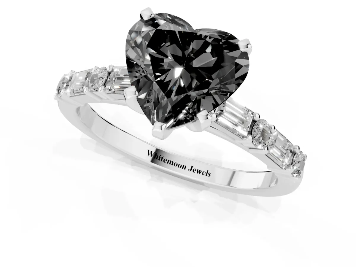 Fancy Black Heart Cut Diamond Solitaire with Side Baguettes and Channel Set Band Silver