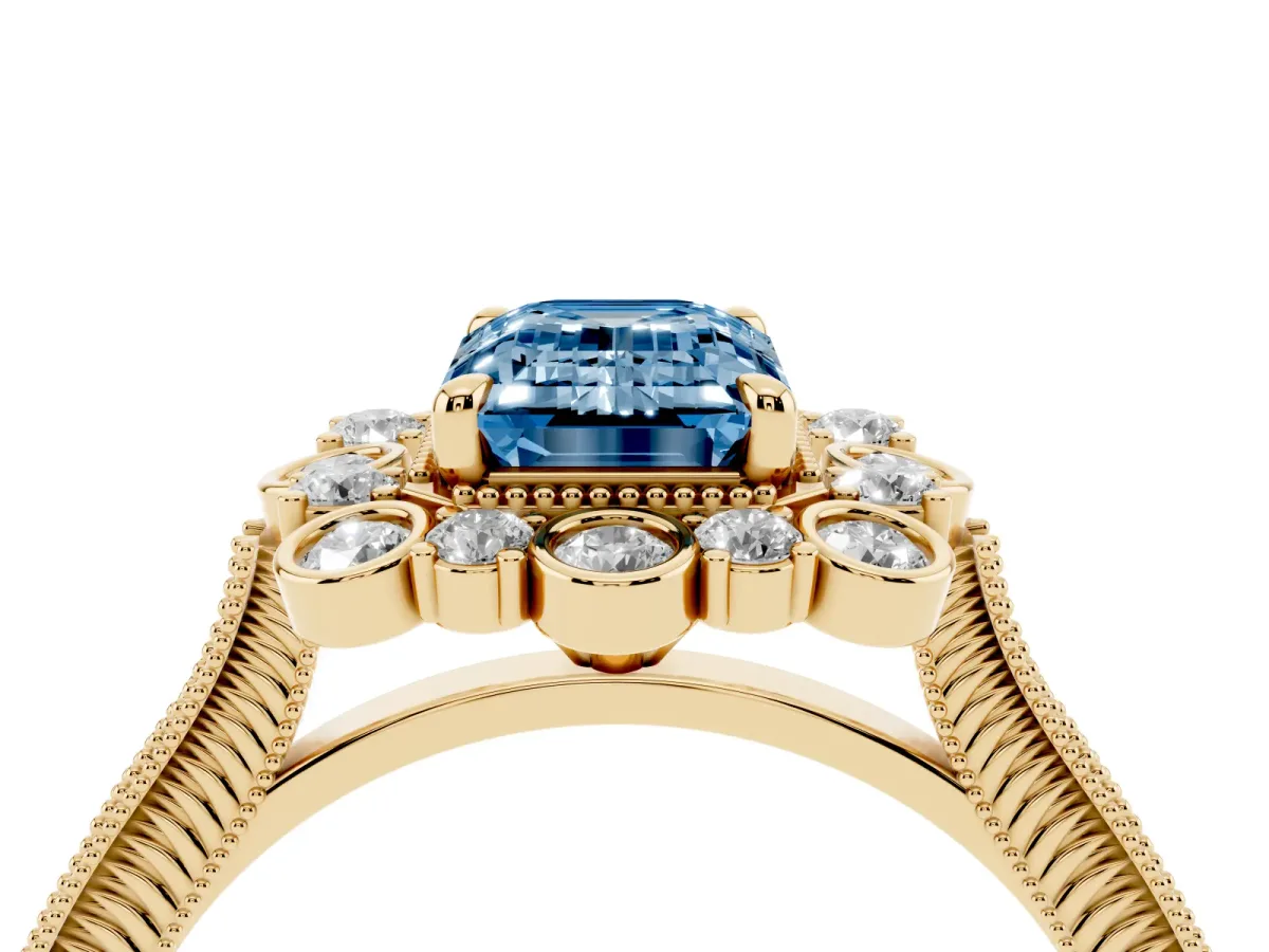 Fancy Blue Emerald Cut Halo Milgrain Pave Diamond Ring with Four-Prong Setting Yellow gold
