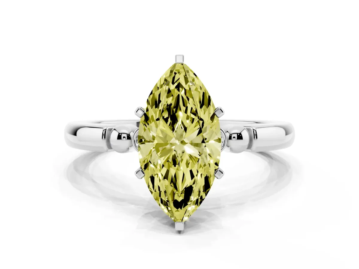 Fancy Yellow Marquise Cut Solitaire Beaded Band with Four-Prong Setting Silver