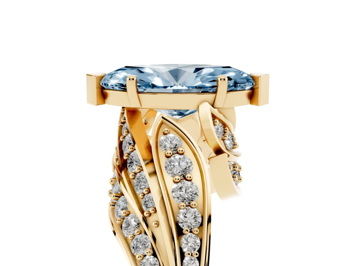 Fancy Blue Marquise Cut Diamond Solitaire Ring with Prong Setting and Twisted Pavé Band Yellow gold