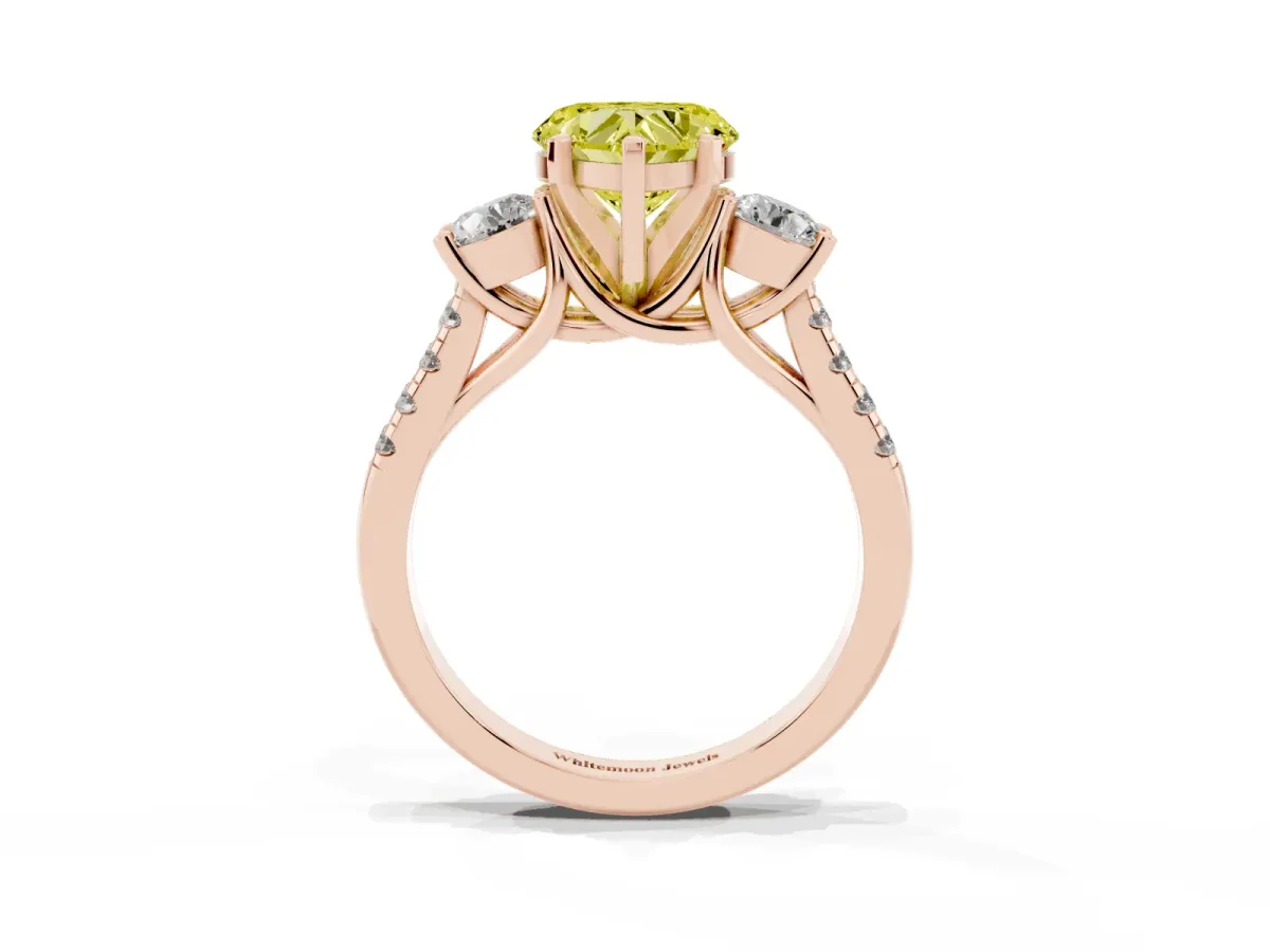 Fancy Yellow Three-Stone Heart Cut Diamond Pavé Band with Four-Prong Setting Rose gold