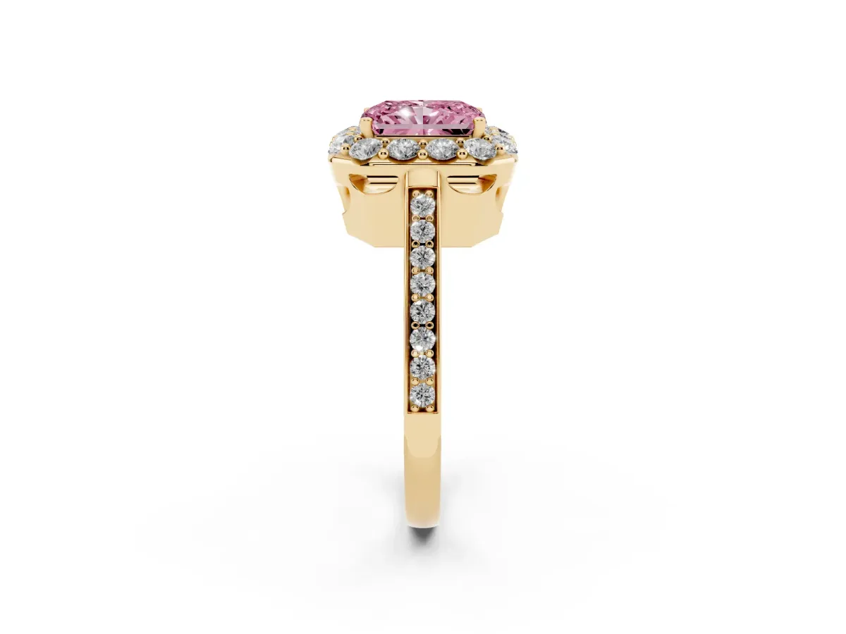 Fancy Pink Radiant Cut Diamond Floral Halo Ring with Pavé Band and Prong Setting Yellow gold
