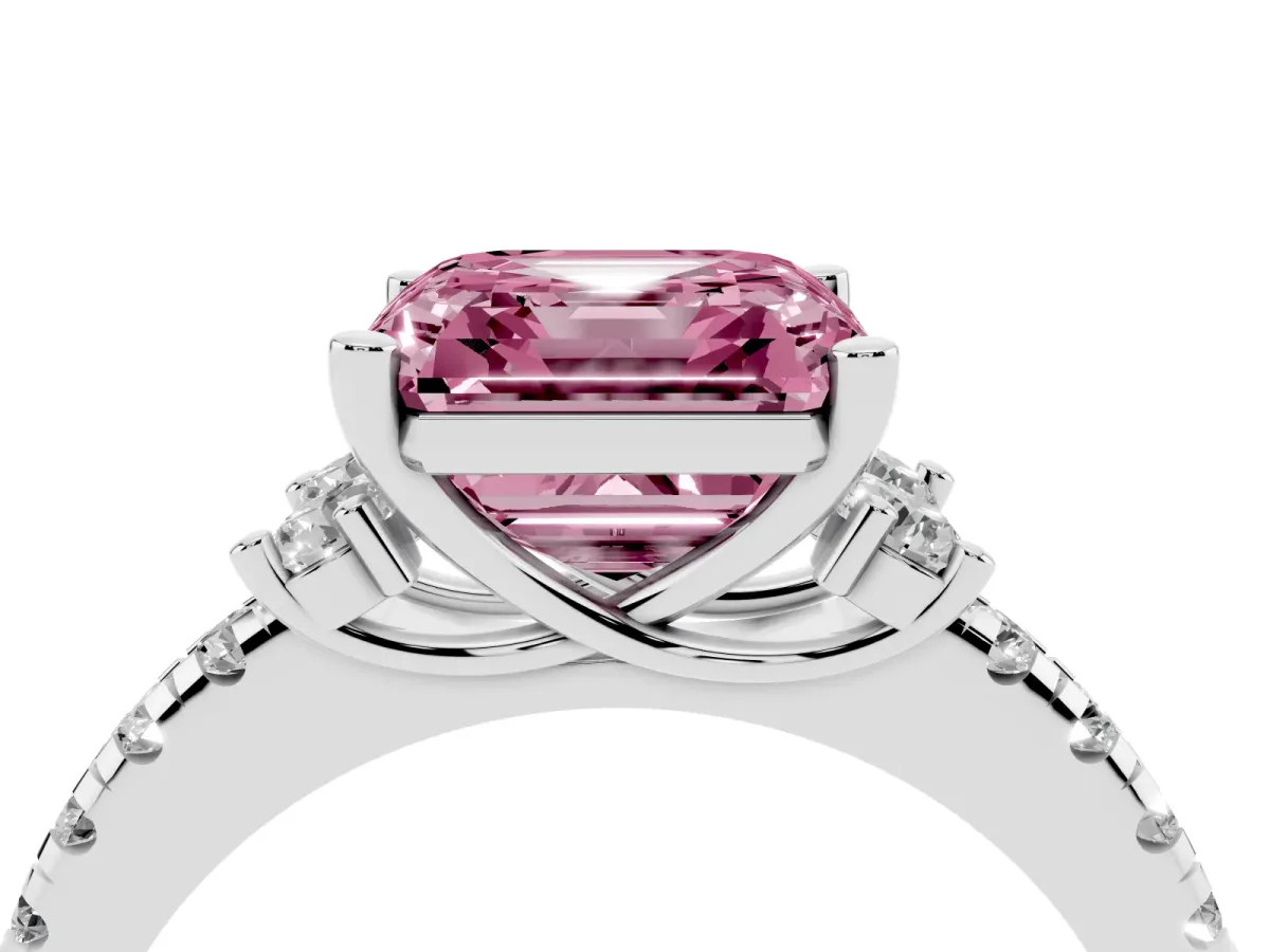 Fancy Pink Asscher Cut Diamond Three-Stone Pave Band with Four-Prong Setting Silver