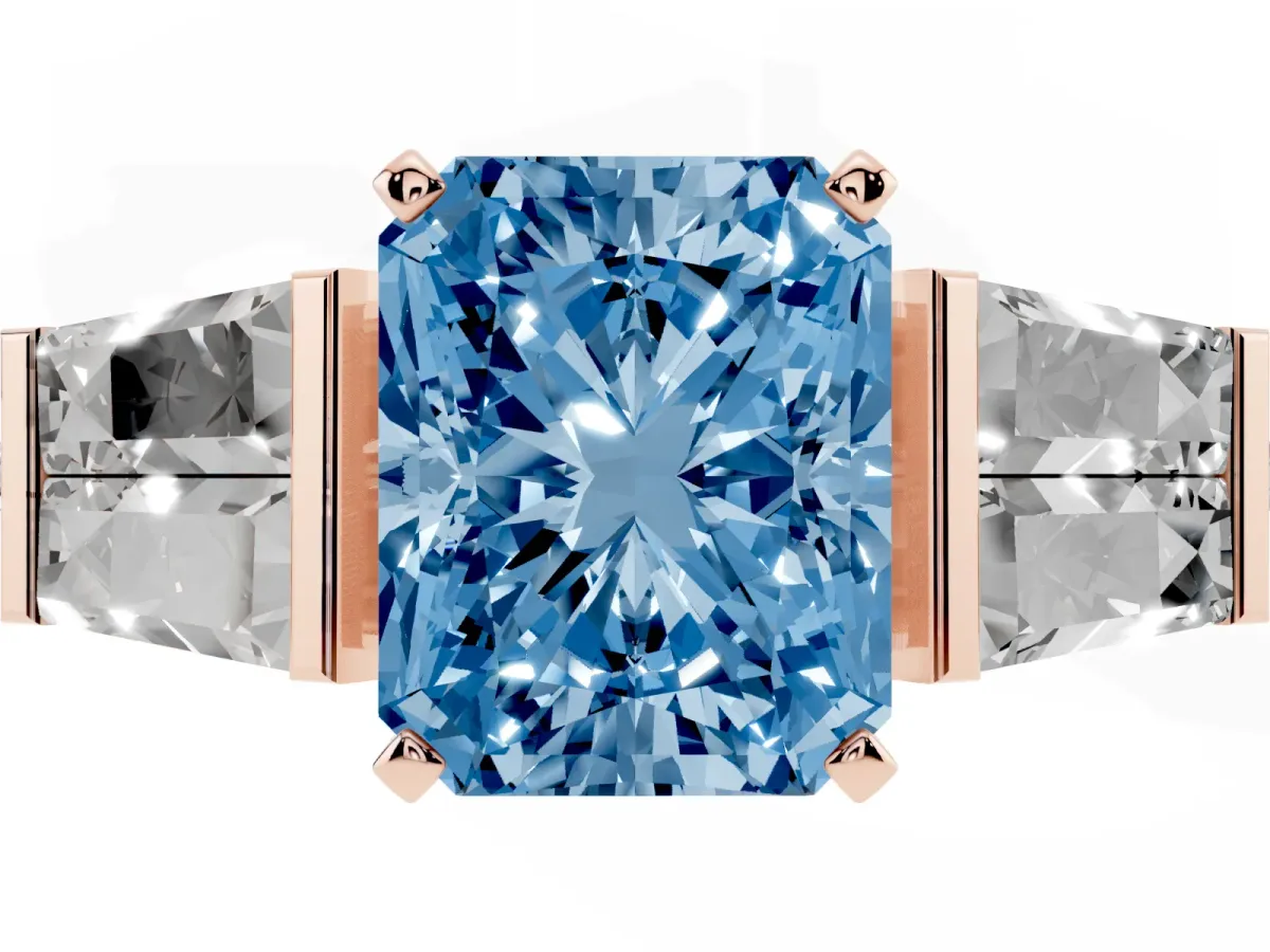 Fancy Blue Radiant Cut Diamond Engagement Ring with Baguette Side Stones and Channel Set Band Rose gold