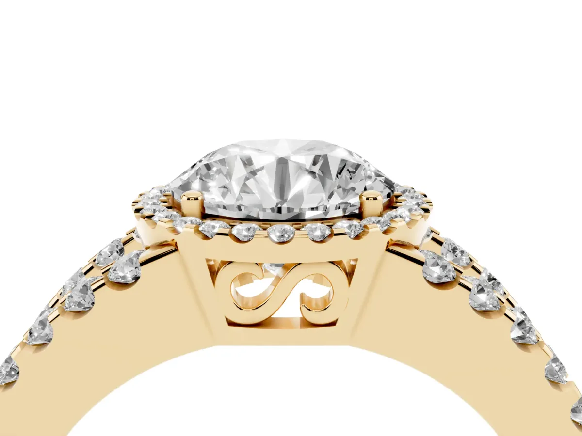 Round Cut Cut Halo Split Shank Diamond Ring with Four-Prong Setting Yellow gold