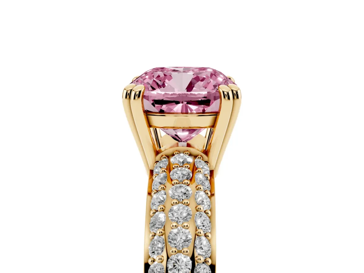 Fancy Pink Cushion Cut Diamond Solitaire Ring with Multi-Row Round Pavé Band and Prong Setting Yellow gold