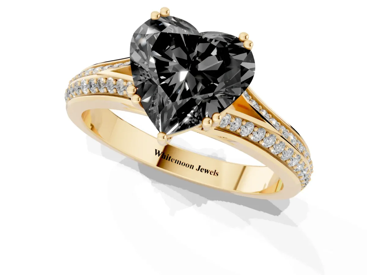 Fancy Black Heart Cut Diamond Split Shank Engagement Ring with Pavé Band Yellow gold