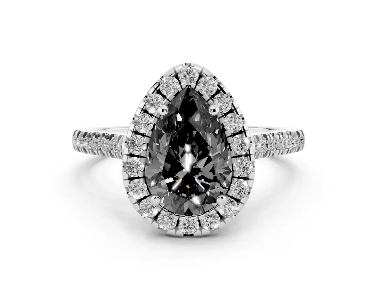 Fancy Black Pear Cut Diamond Cushion Halo Ring with Pavé Band Silver