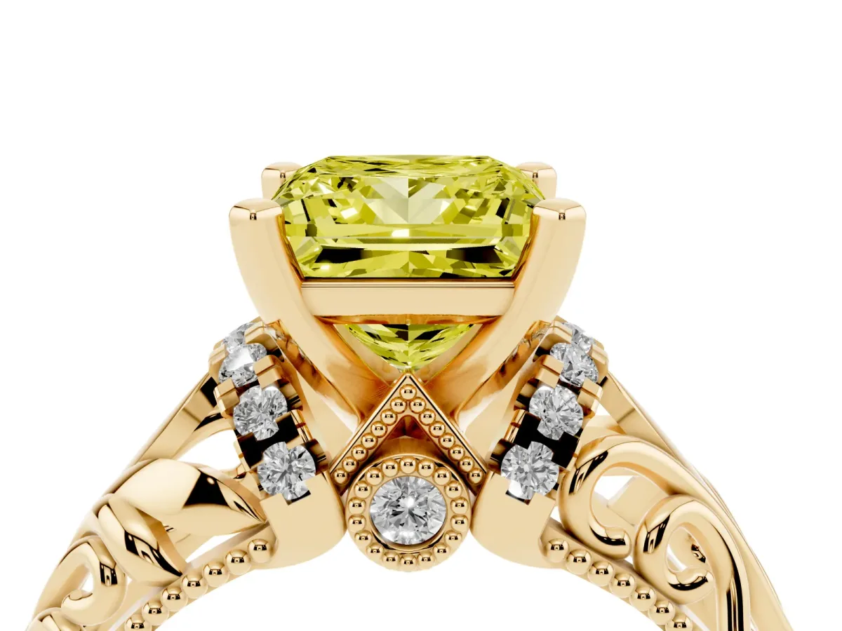 Fancy Yellow Princess Cut Solitaire Filigree Engagement Ring with Halo and Prong Setting Yellow gold