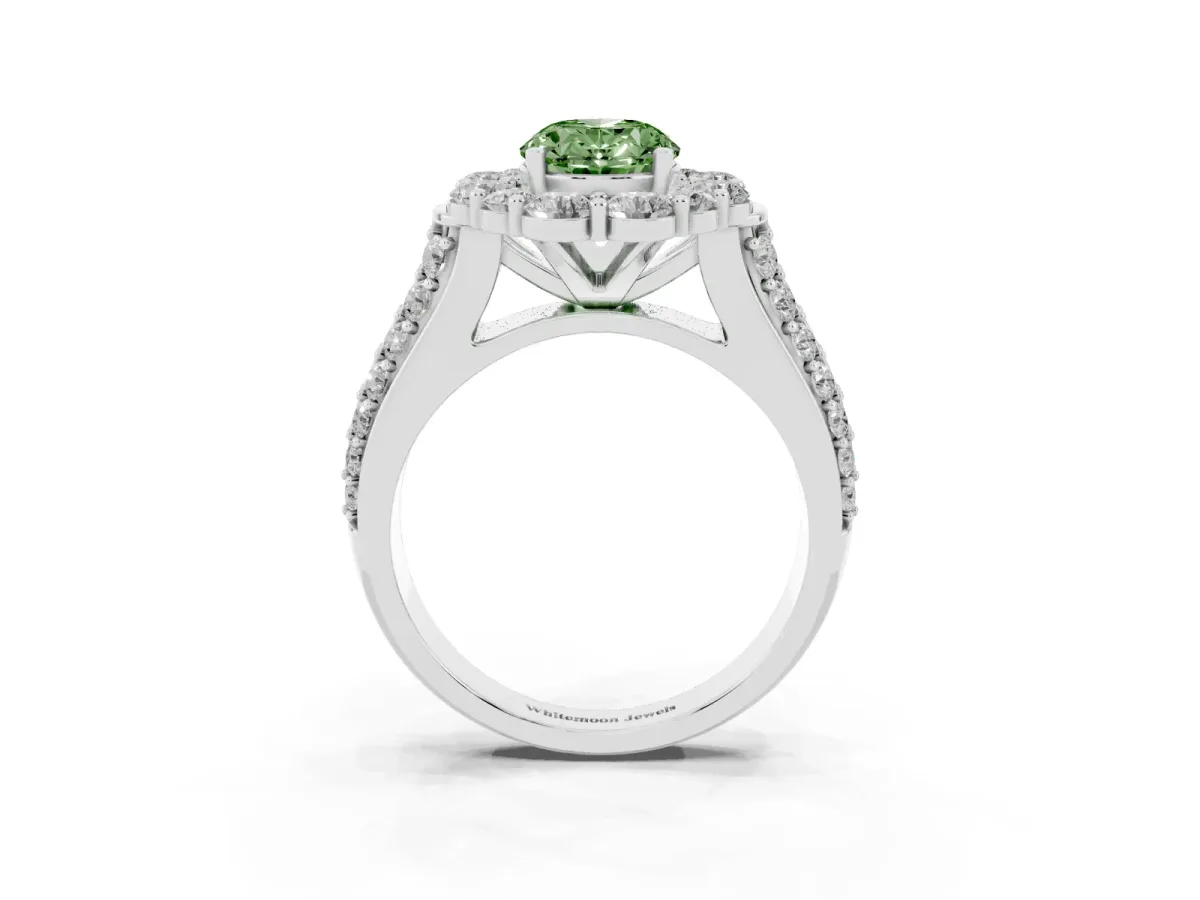 Fancy Green Oval Cut Halo Diamond Engagement Ring with Split Shank and Prong Setting Silver