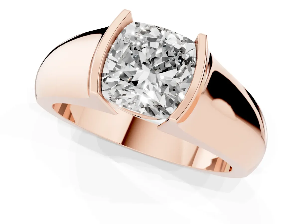 Cushion Cut Solitaire Bezel Set Diamond Ring with Wide Band Rose gold