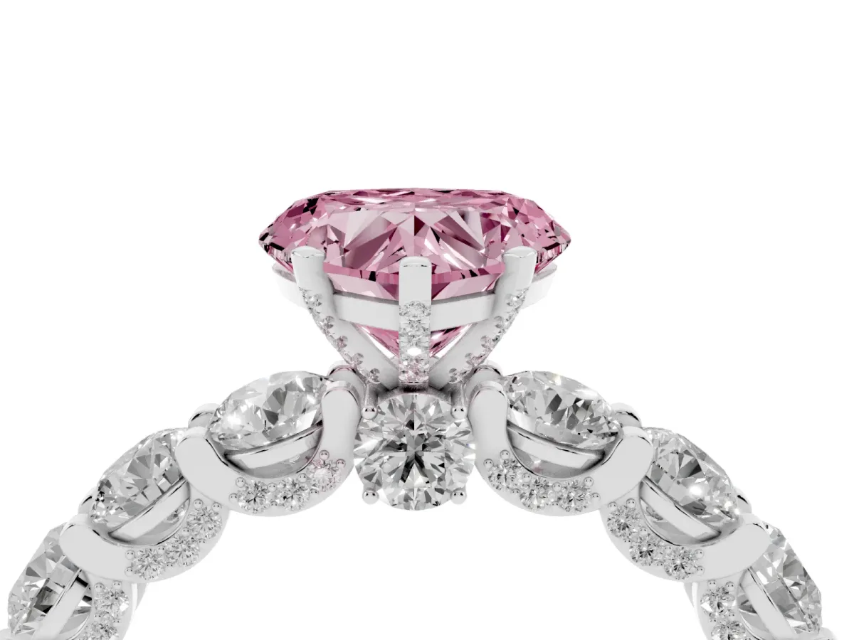 Fancy Pink Heart Cut Diamond Side Stone Engagement Ring with Four-Prong Setting Silver