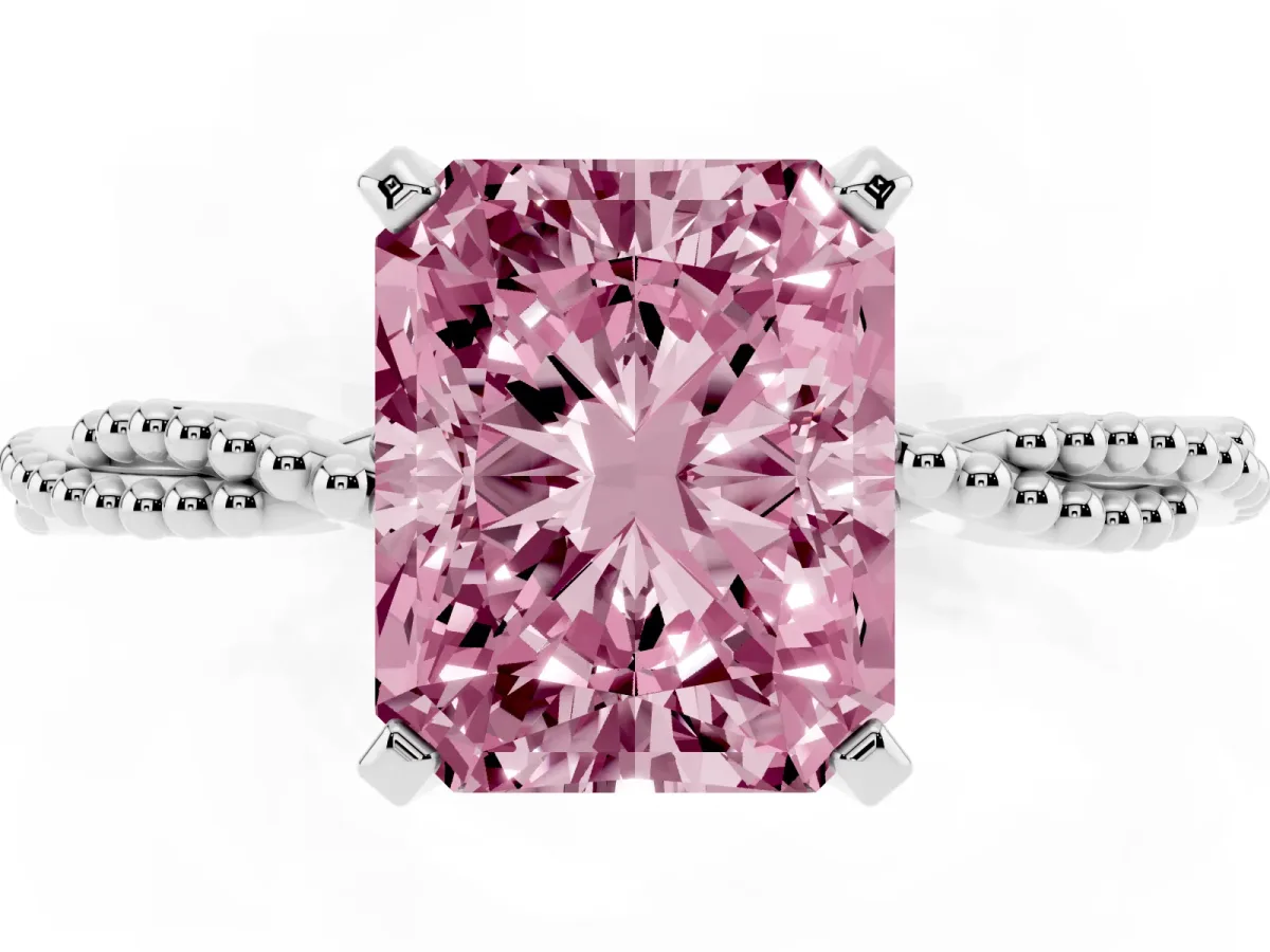 Fancy Pink Radiant Cut Solitaire Twisted Band with Bead Prong Setting Silver