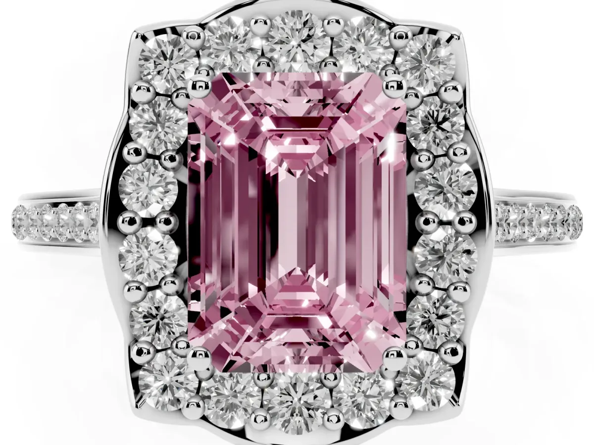 Fancy Pink Emerald Cut Halo Round Diamond Pave Band with Four-Prong Setting Platinum